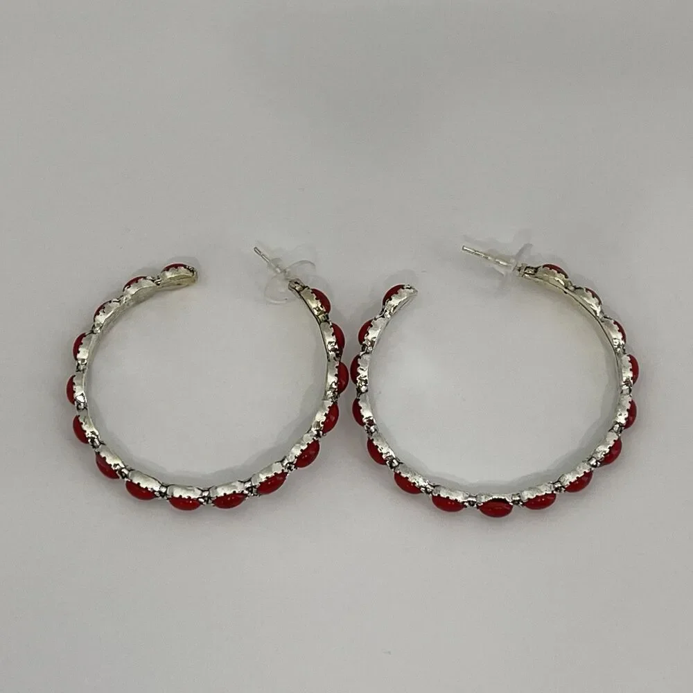 Silver-tone Red Loop Hoop‎ Earrings